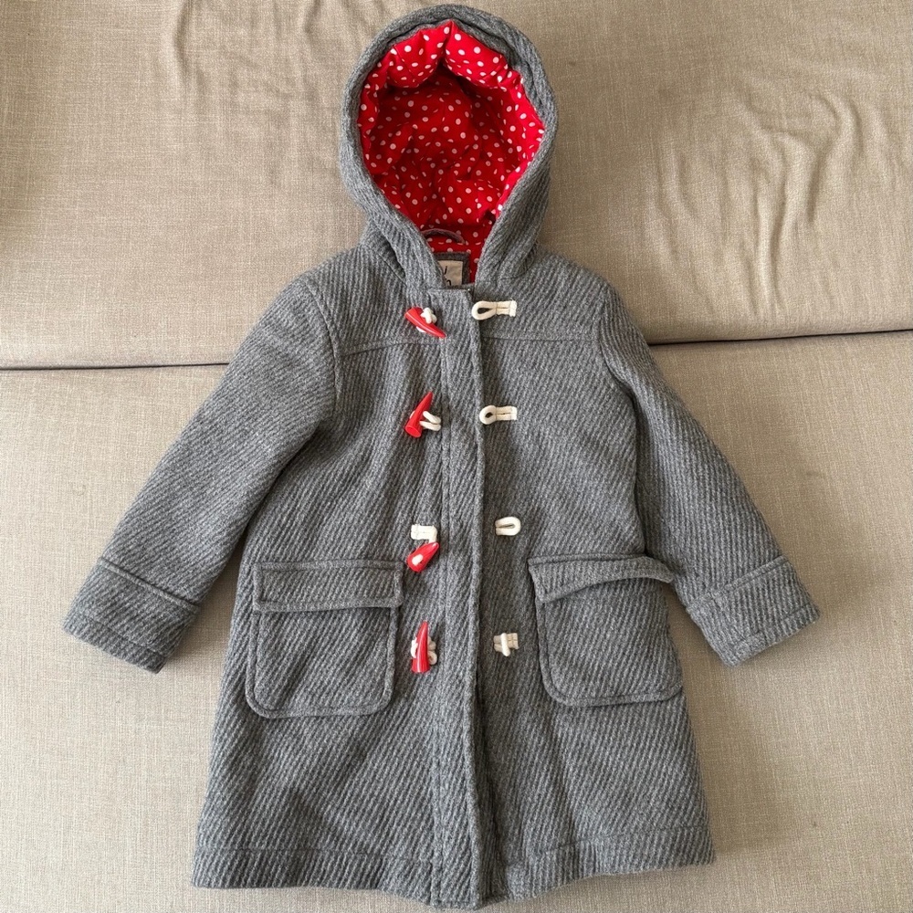 Mini Boden Girls Gray Wool Toggle Coat Polka Dot Lined Hooded Jacket